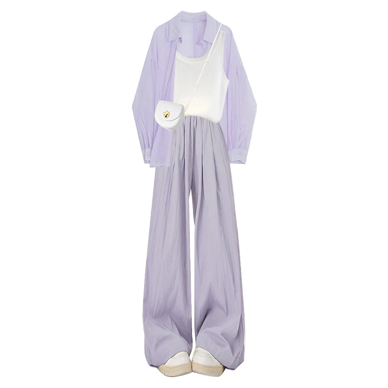 Spring Arrival Women's Dopane Purple Sun Protection irt Vest Strap Slim Wide Leg Pants Tee Piece Set Faionable Ensemble