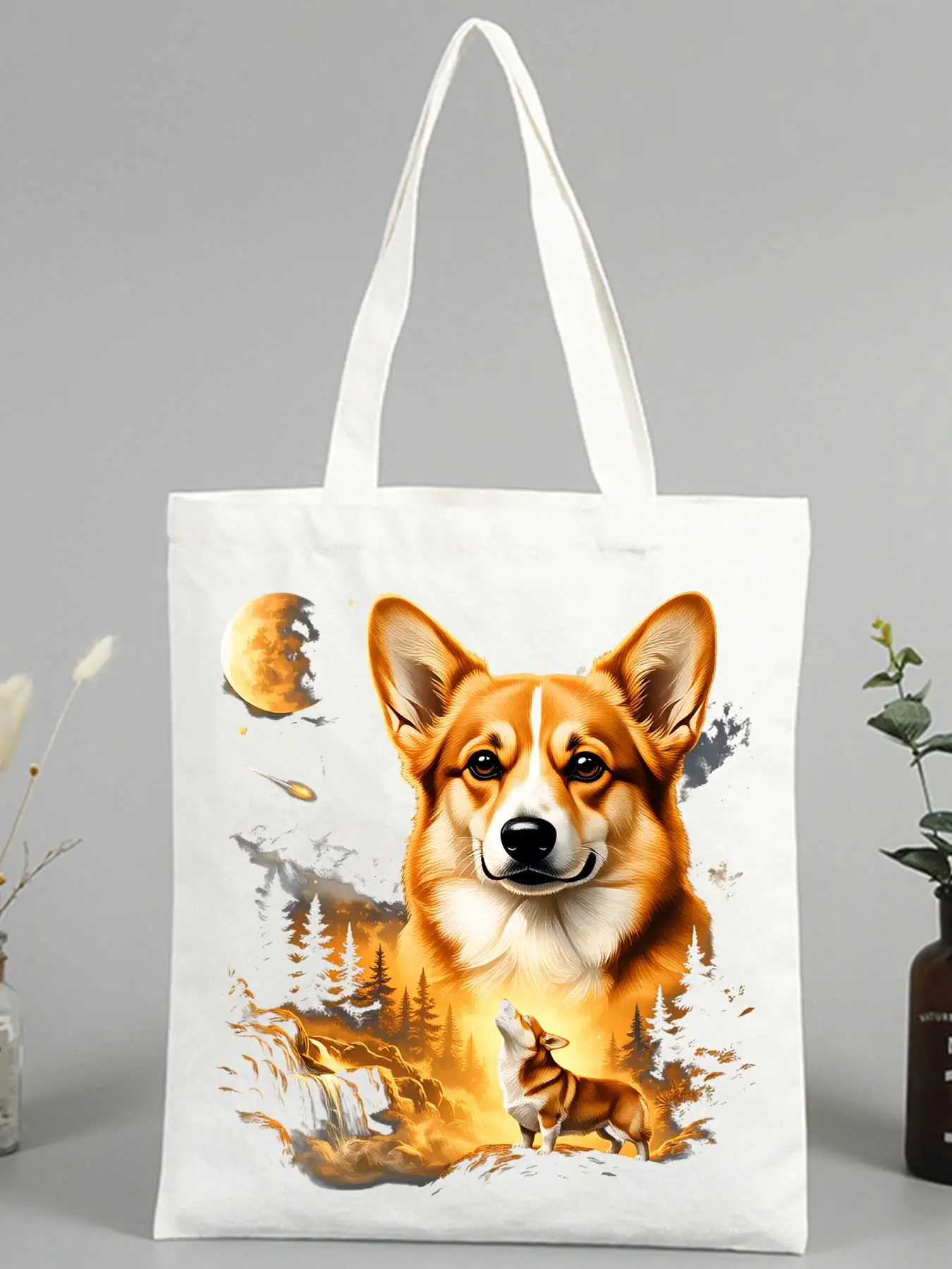 corgi dog print canvas tote bag with nature landscape, ideal for daily shopping and casual outings