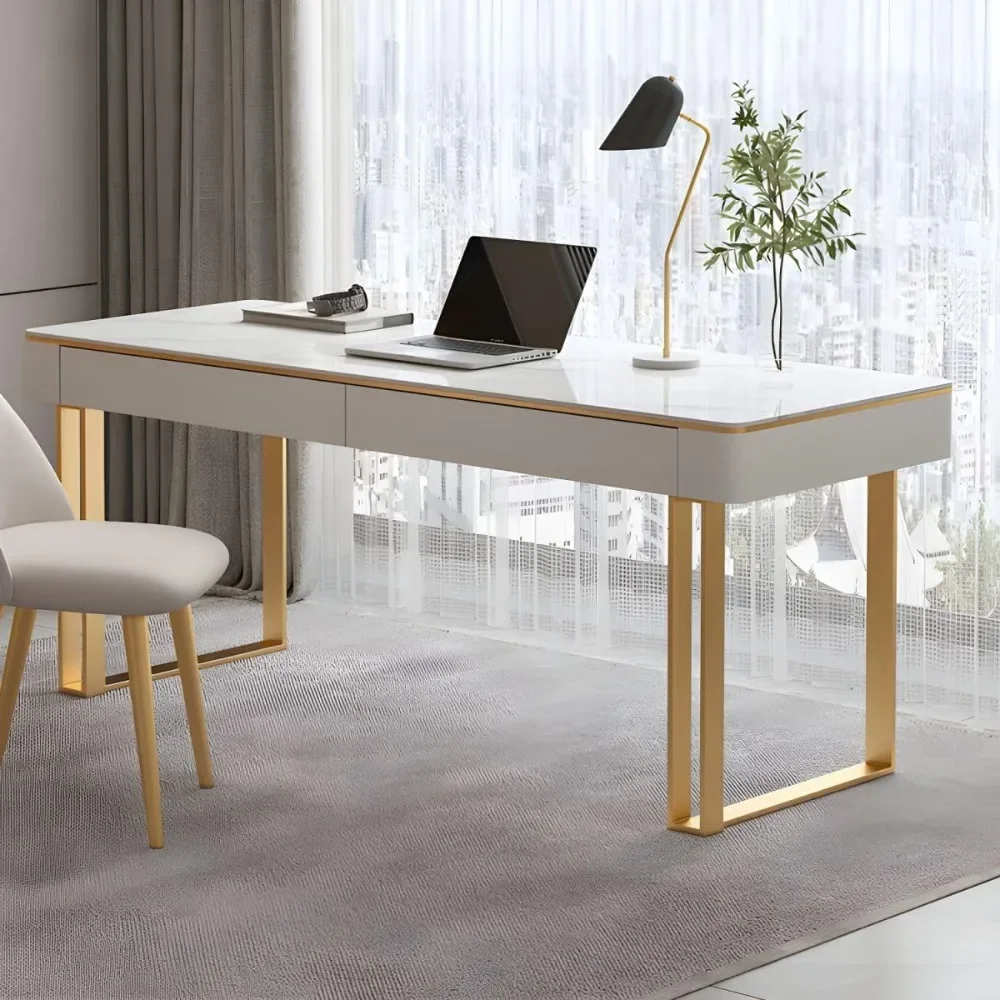 Mesa de escritório de pedra de ardósia com 2 gavetas Mesa de escrita moderna - Mesa apenas a mesa, Ouro 39,4" L X 19,7" L X 29,5" H |