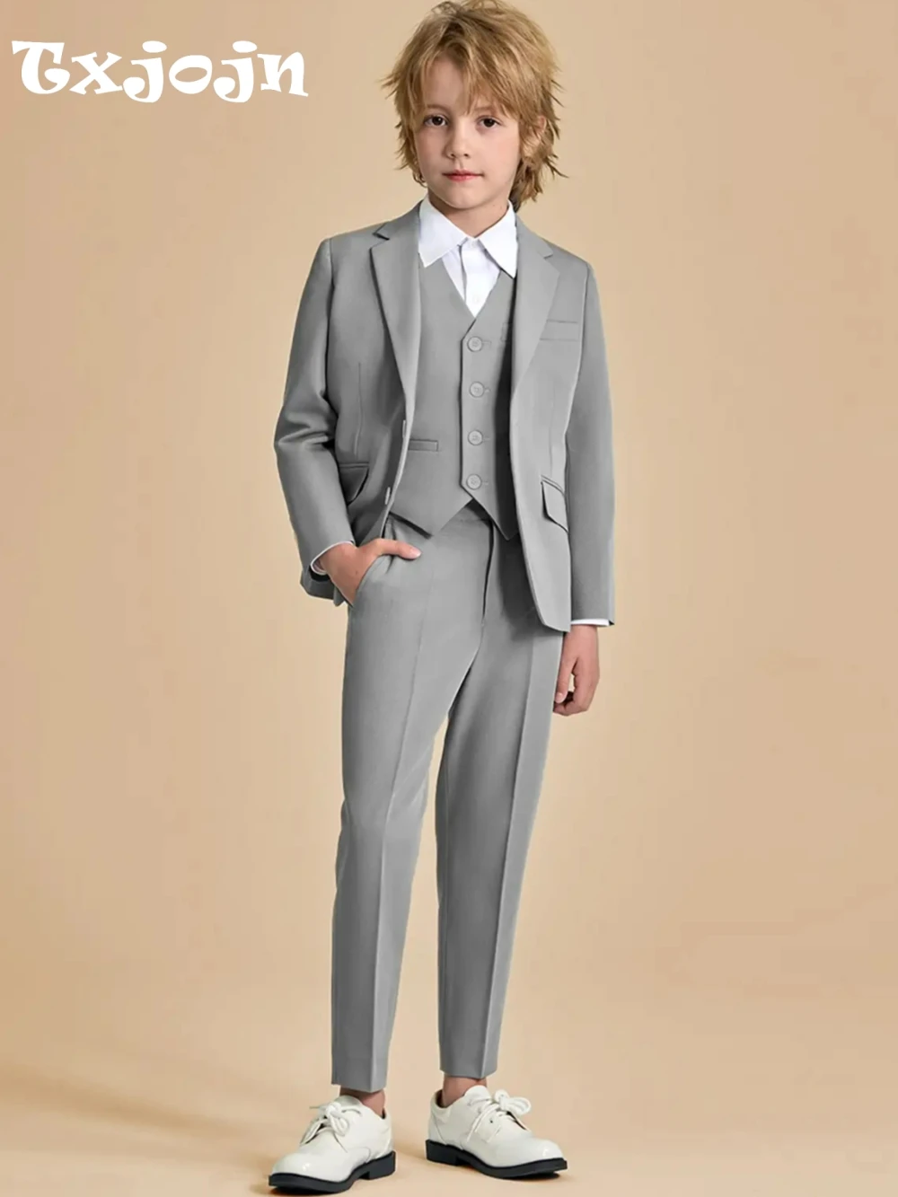 

Stylish Grey Kids Formal Suit Set 3 Pieces Wedding Ring Bearer Outfit Elegant Notched Lapel Boys Suits Birthday Party Tuxedo