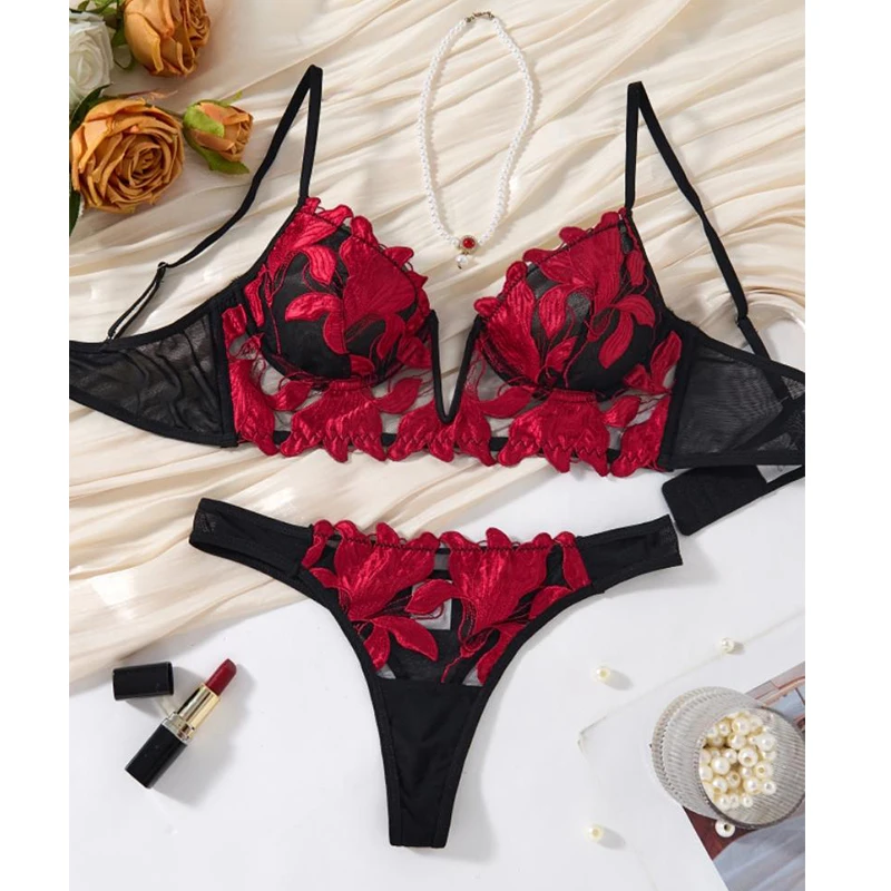 

Women Bra and Panties Sets Mesh Embroidery Sexy Lingerie Intimate Fancy Underwear Female Deep-V Push Up Bra 2pcs Erotic Lingerie