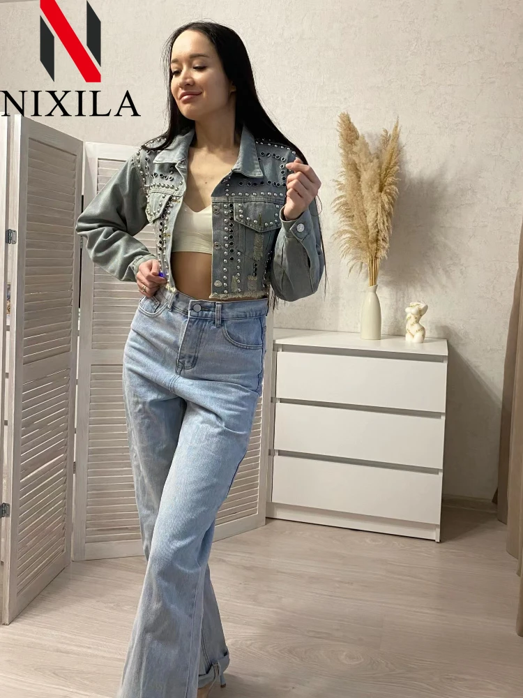 New in Spring Summer Womens Denim Jacket 2024 Heavy Industry Rivet Studded Jean Coats Women Worn Nail Bead Jean Long Sleeved Top