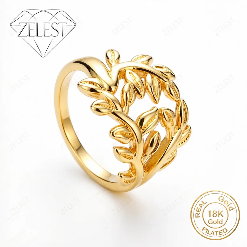 

925 Sterling Silver 18K Gold Plated Delicate Leaf Ring for Women, Fashionable Party Gift Jewelry Accessories