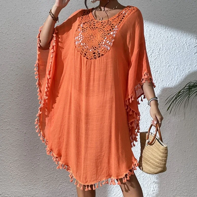 Retalhos oco para fora vestido de crochê feminino simples malha macia borla bikini cobrir praia férias piscina festa feminino cover-ups 2025