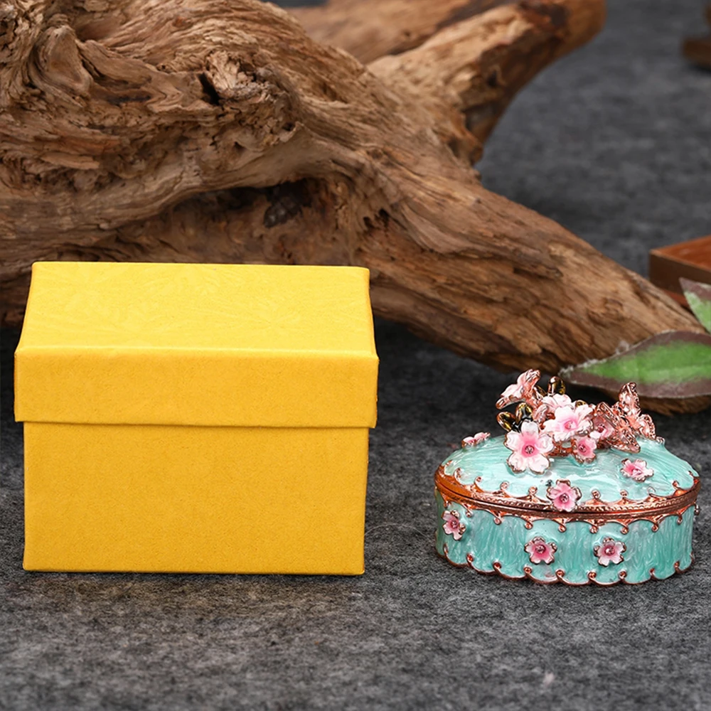 1pc Cherry Blossoms Trinket Box Vintage Flower Enamel Jewelry Storage Case Handmade Creative Gift Makeup Container Accessories