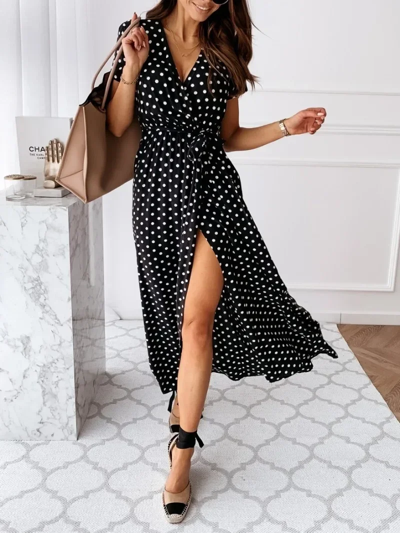 Women's Elegant And Fashion Summer Short Sleeved Lace Up and Split V-neck Polka Dot Printed Dress Long Sleeved Ankle Skirt