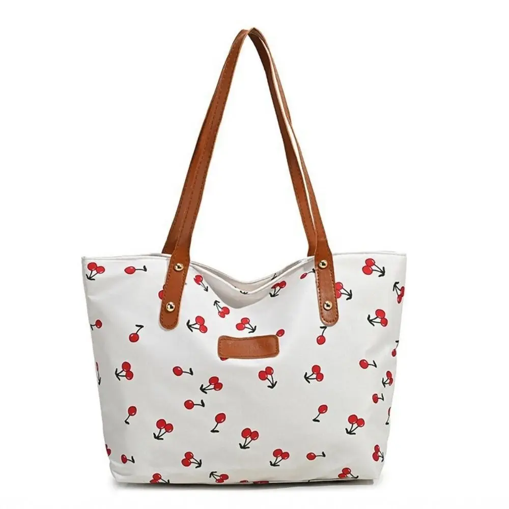 Large Capacity Women's Shoulder Bag Lightweight Daily Storage Tote Bag Fashionable Cherry Printed Canvas Handbag Birthday Gift