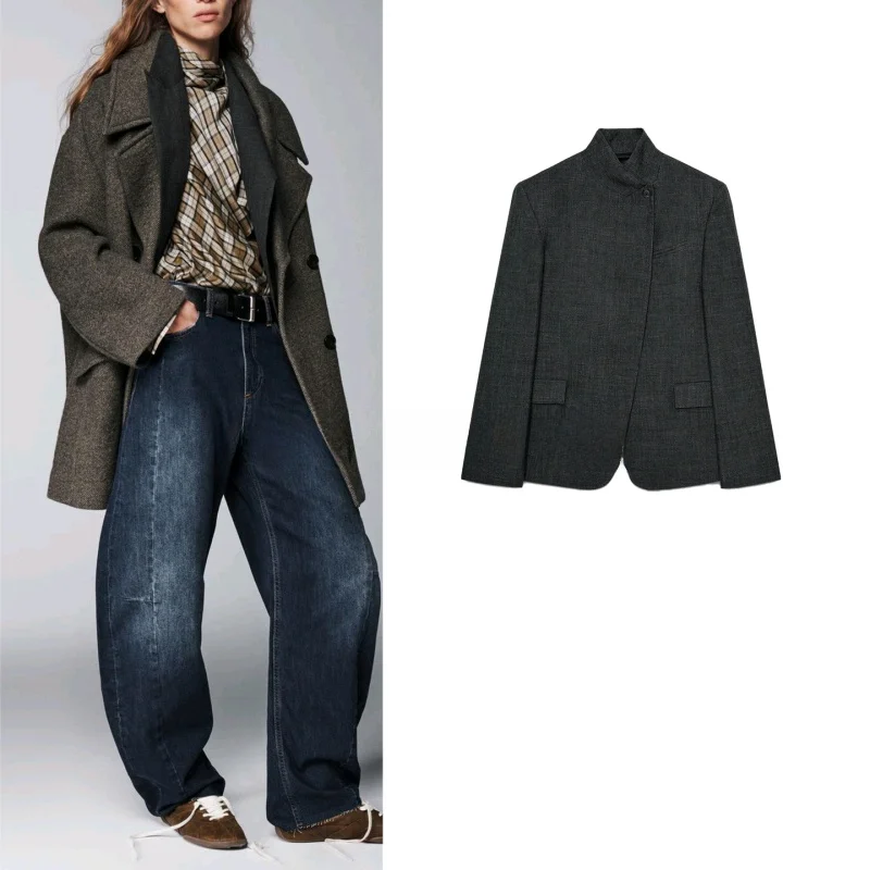 

Простой дизайн, длинный женский костюм-стойка с воротником-стойкой, джинсовый костюм, осень-зима, новый французский костюм из полиэфирного волокна для поездок на работу...