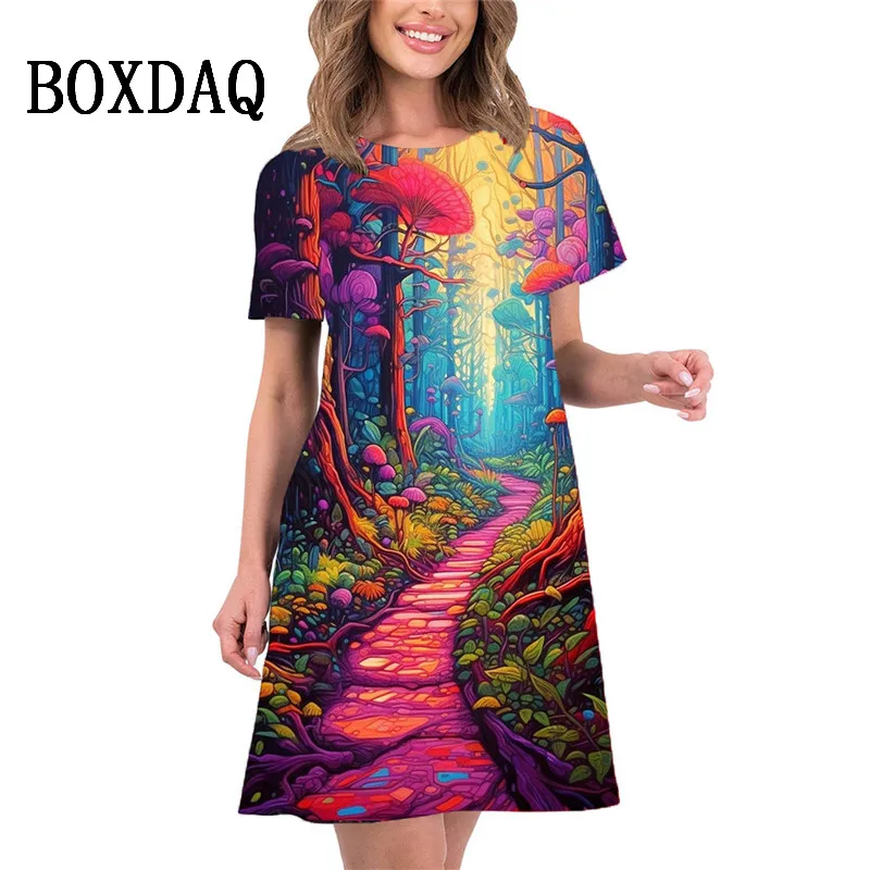 Vestido de verano de manga corta con estampado 3D para mujer, minivestido holgado, informal, elegante, con paisaje de árbol, a la moda