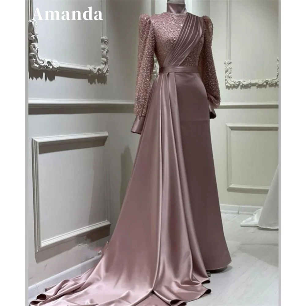 

Amanda Elegant High Neck Beading Prom Dress Luxury Puffy Sleeve فساتين السهرة Mermaid Dusty Pink Sequins Vestidos De Noche