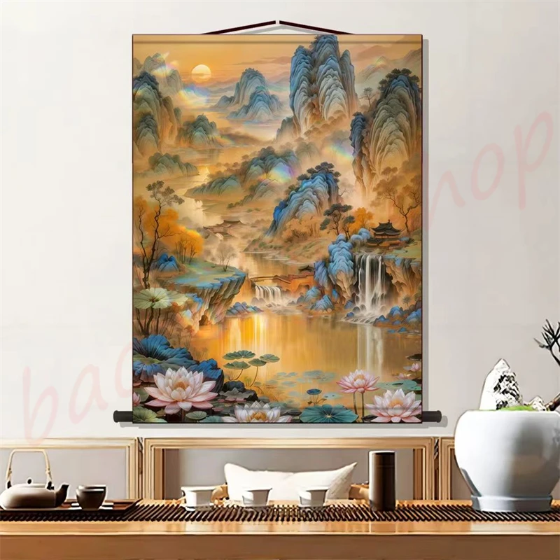 

Landscape painting in the living room of Xianjiatang entrance, Feng Shui painting in the background of Xiantang hall, landscape