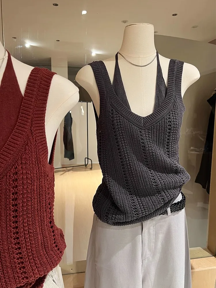 

Korean Style Knitted Vest Women's Summer Design Hanging Neck Belt Hollow out Sleeveless Top V-neck Fake Two-Piece Set