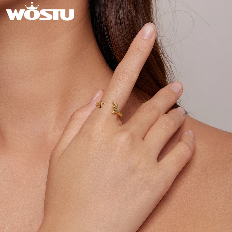 WOSTU 18K Gold Plated Cute Dachshund Dog Adjustable Rings for Women, Original Open Animal Pet Ring Jewelry Gift For Pet Lover