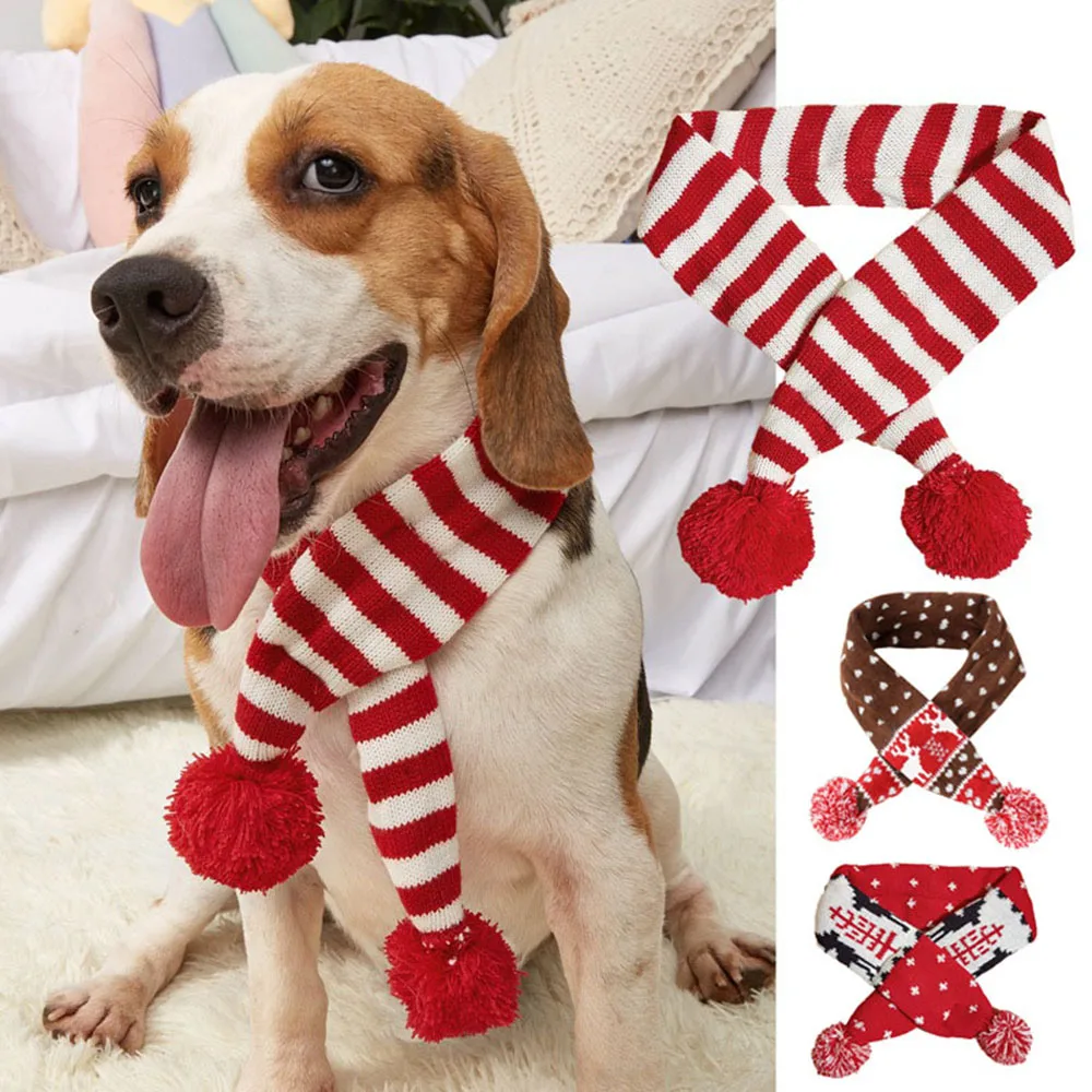 Christmas Dog Scarf Striped Hair Ball Pet Scarf Wool Knitting Puppy Collar Scarf Outdoor Dog Warm Scarves Christmas Supplies