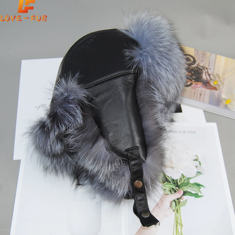 New Unisex Warm Soft Quality 100% Real Raccoon Fur Bombers Cap Real Sheepskin Leather Hat Luxury Winter Russian Real Fox Fur Hat