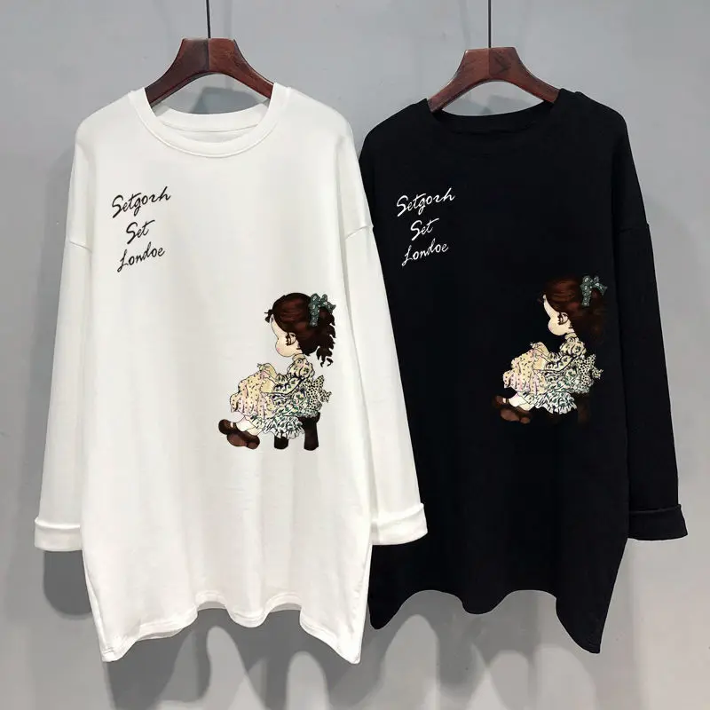 女性用長袖ラウンドネックTシャツ,ルーズフィット,カジュアル,韓国のファッション,プリント,春