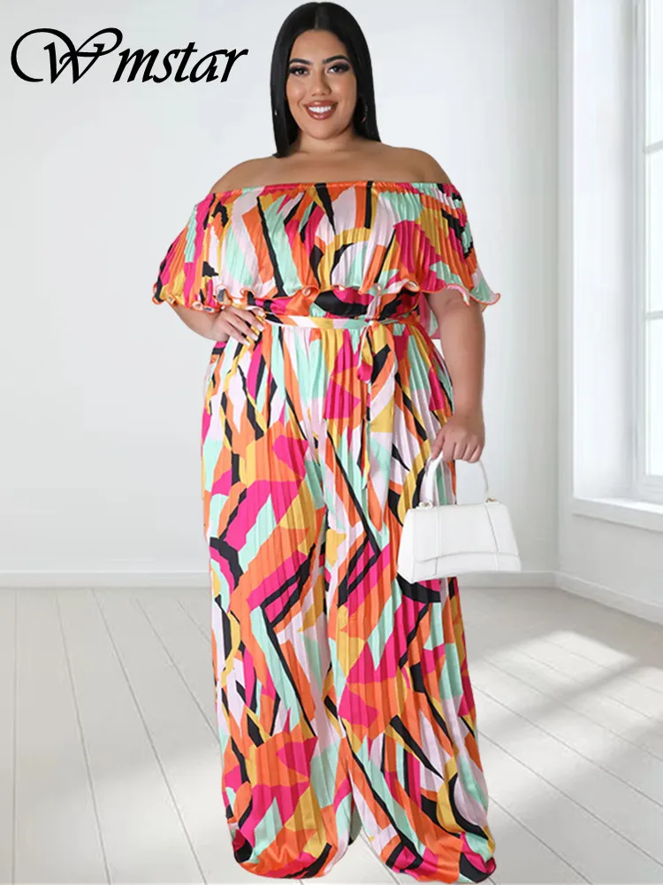 Wmstar Plus Size Jumpsuit Women Clothing Pleated Wide Leg Off Shoulder Romper Printed One Piece Outfits Wholesale Dropshipping