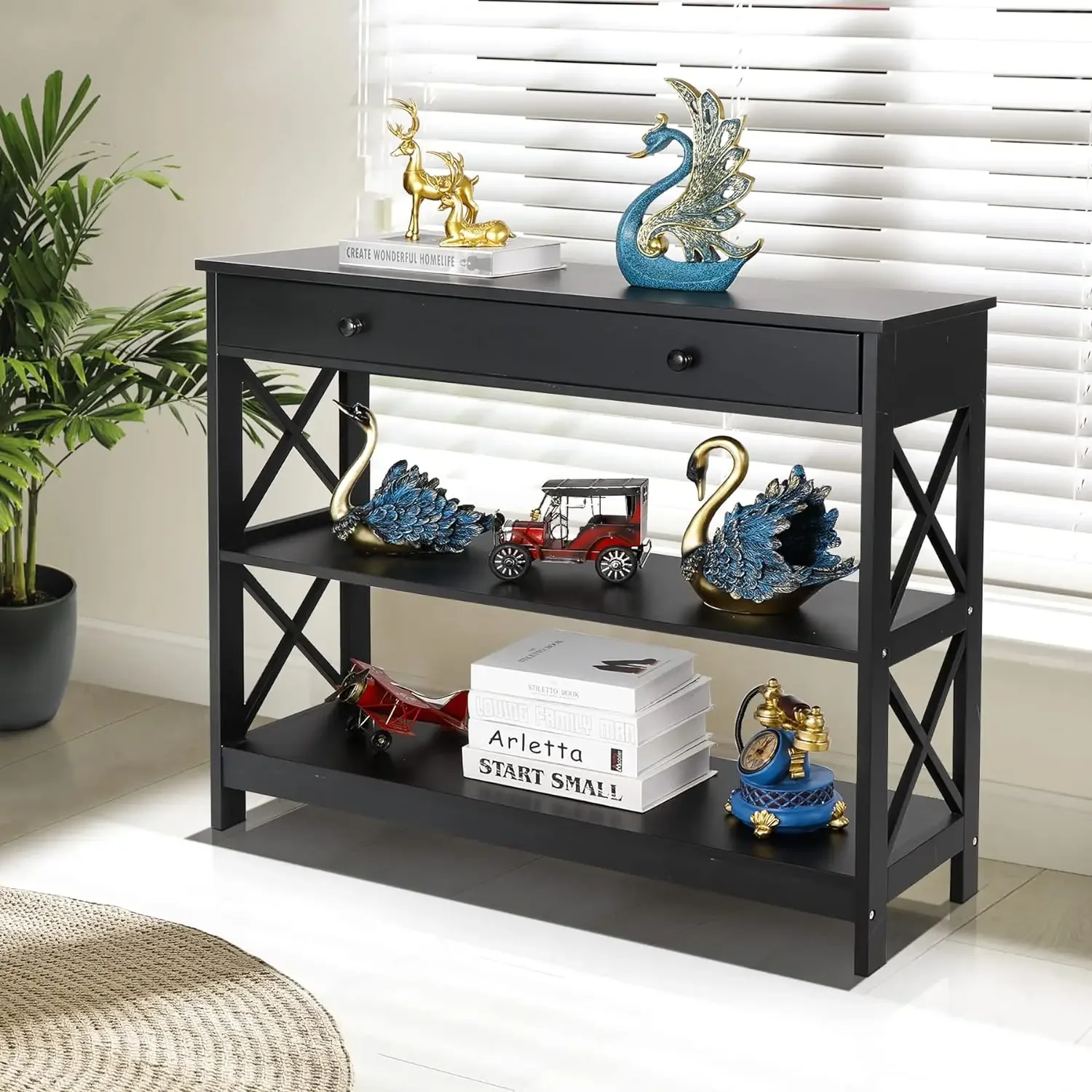 Sofa Tables with 1 Drawer and Storage Shelves, 3 Tier Narrow Long Side Table for Bedroom, Living Room, Black