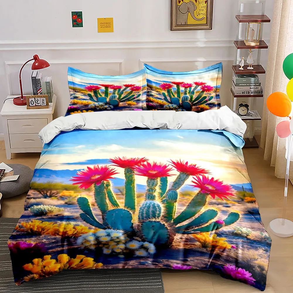 Desert Cactus with Blooming Red Flowers Print Bedding Set 1 Duvet Cover 2 Pillowcases for Adult and Children Luxury Gift