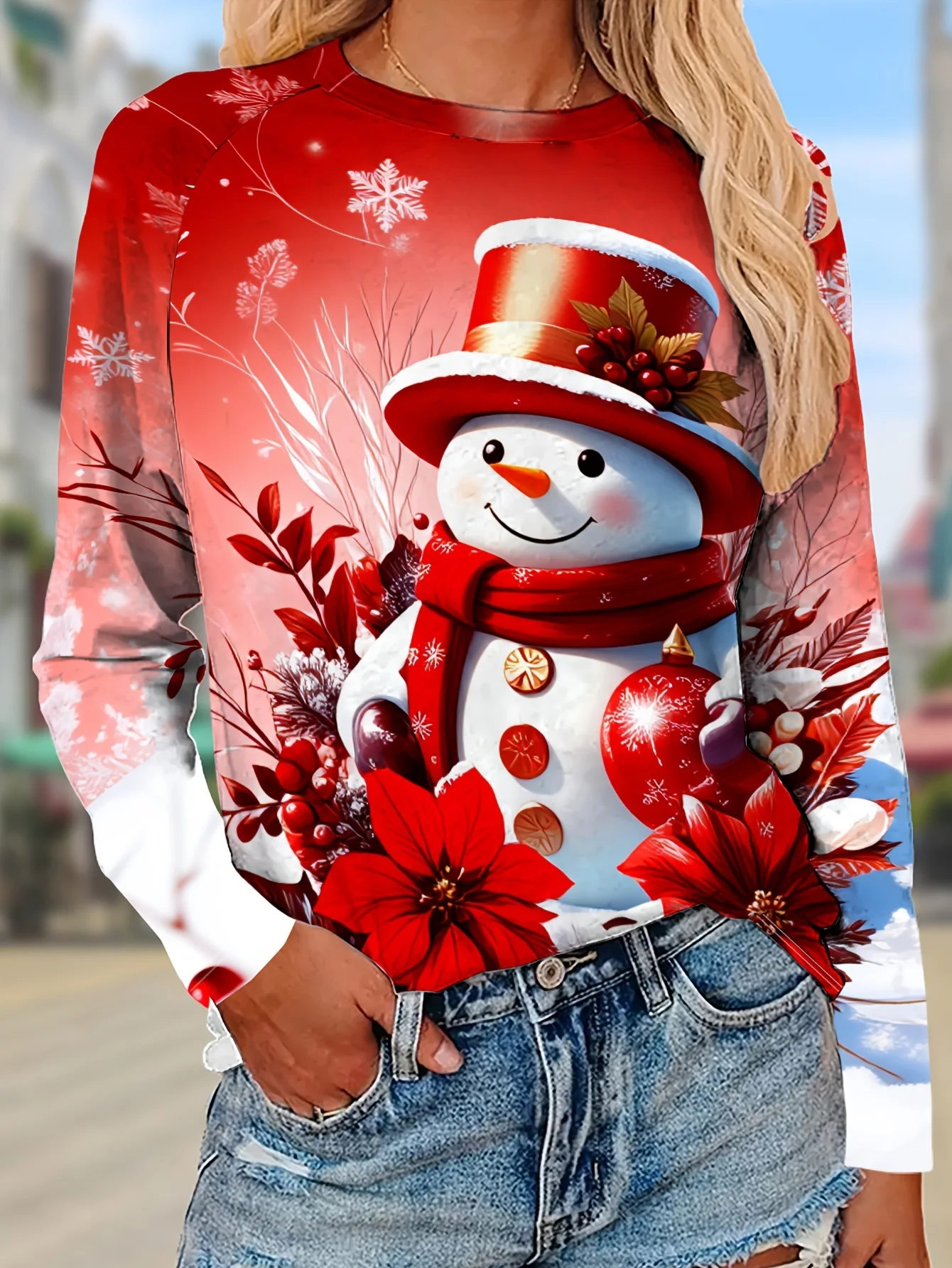 Women's Long Sleeve T-Shirt, Red Snowman With Top Hat And Poinsettia Floral Print Christmas Design, All-Winter Holiday Style Top Suitable For Leisure And Sports Scenarios