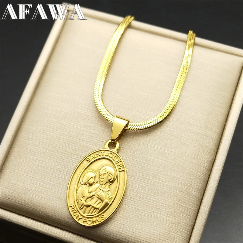 Vintage Religious SAINT JOSEPH Medal Necklace for Women Men Stainless Steel Gold Color Catholic Chain Jewelry colares NHH19S01
