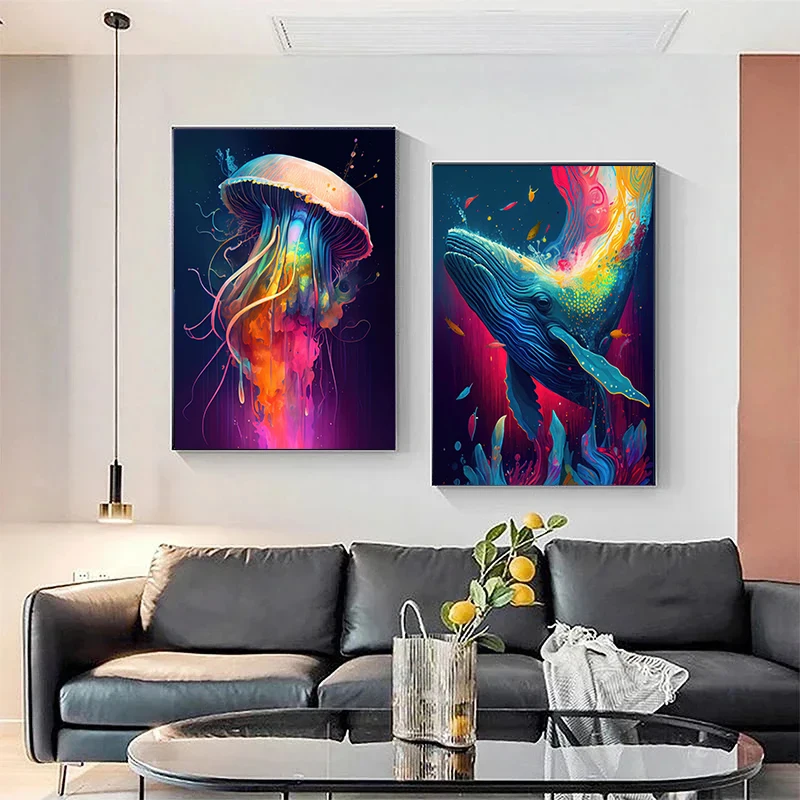 Colorful Ocean Wild Life Shark Seahorse Octopus Turtle Posters Canvas Painting Abstract Animal Wall Art Living Room Home Decor