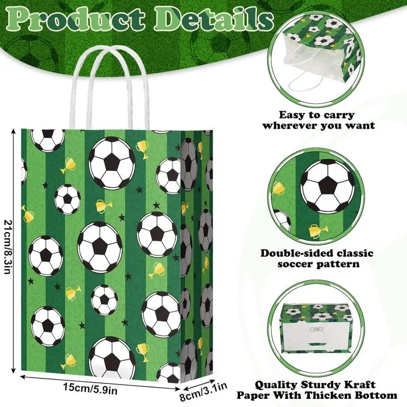 12pcs Soccer Gift Bags Soccer Party Favor Bags White Kraft Paper Soccer Bags for Treats Kids Soccer Goodie Bag Favors for Sports