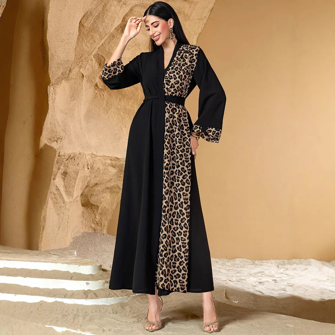 

Eid Women Abaya Leopard Print Cardigan Scarf Lace-up Dress Muslim Long Sleeve Jalabiya Ramadan Abayas Islam Arab Kaftan Robe