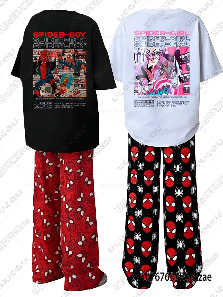 Marvel Spider-Man y Spider Ghost camisetas de algodón de verano con pantalones de pijama trajes de gran tamaño para adultos/niños pareja/trajes familiares