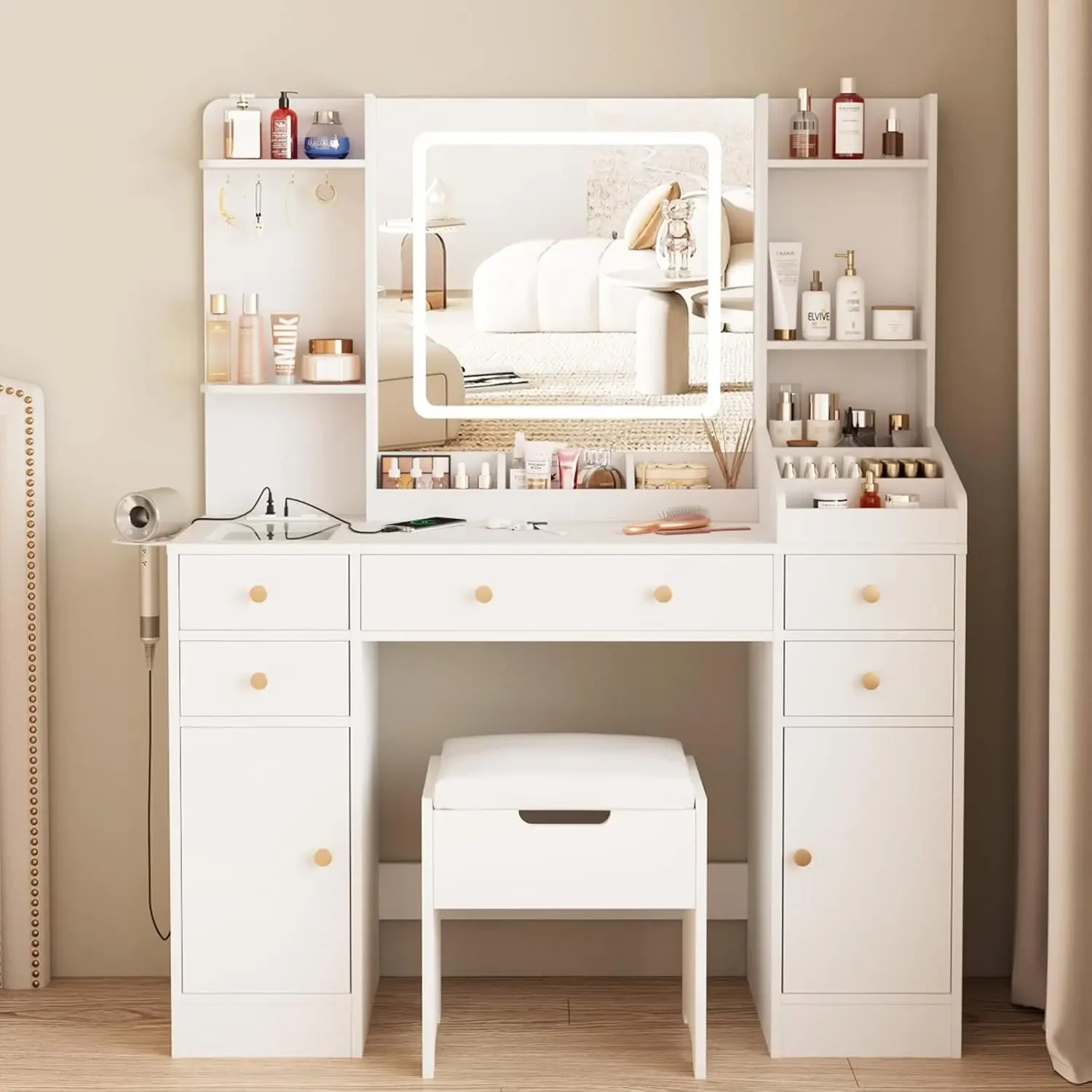 Vanity Desk with Lights Makeup Vanity Table with Charging Station Big Vanity Set with 5 Drawers Lots Storage Space White