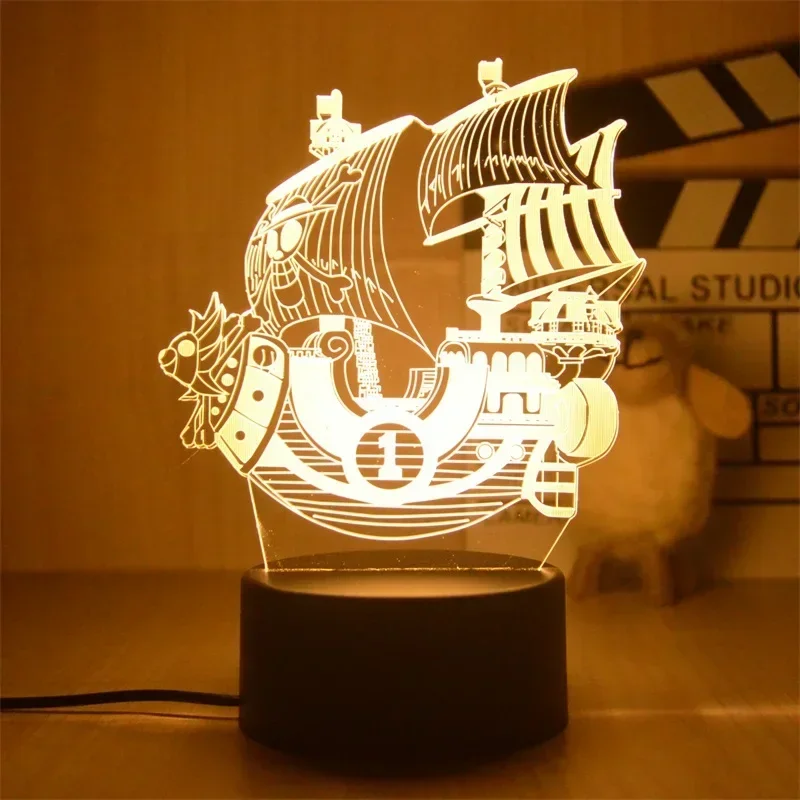 Anime uma peça luffy 3d led night light roronoa zoro nico navio pirata figuras candeeiro de mesa decoração presente do feriado