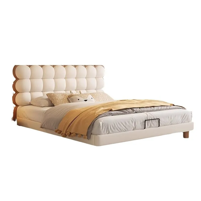 

Creative silent solid wood bed Internet celebrity leather secondary bed puff light luxury soft bed