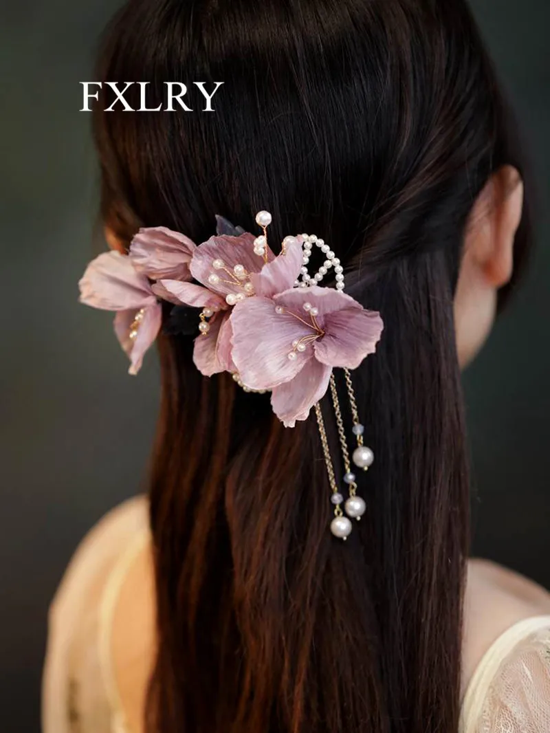 FXLRY Original Design Handmade Vintage Cloth Art Purple Flower Edge Clip Side Hairpin