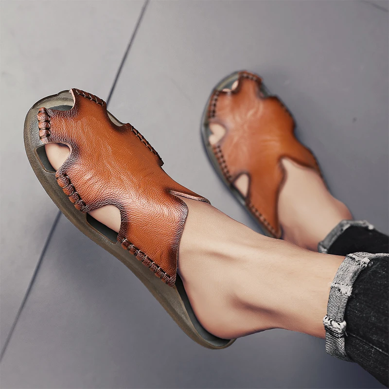 Men Slippers Genuine Leather Summer Men Shoes Soft Breathable Leather Sandals Men Flat Slippers Comfortable Non-slip Slippers