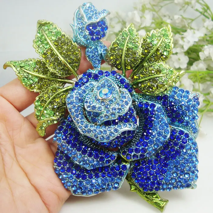 Blue Huge Rose Flower Bud Leaf Rhinestone Crystal Woman's Brooch Pin