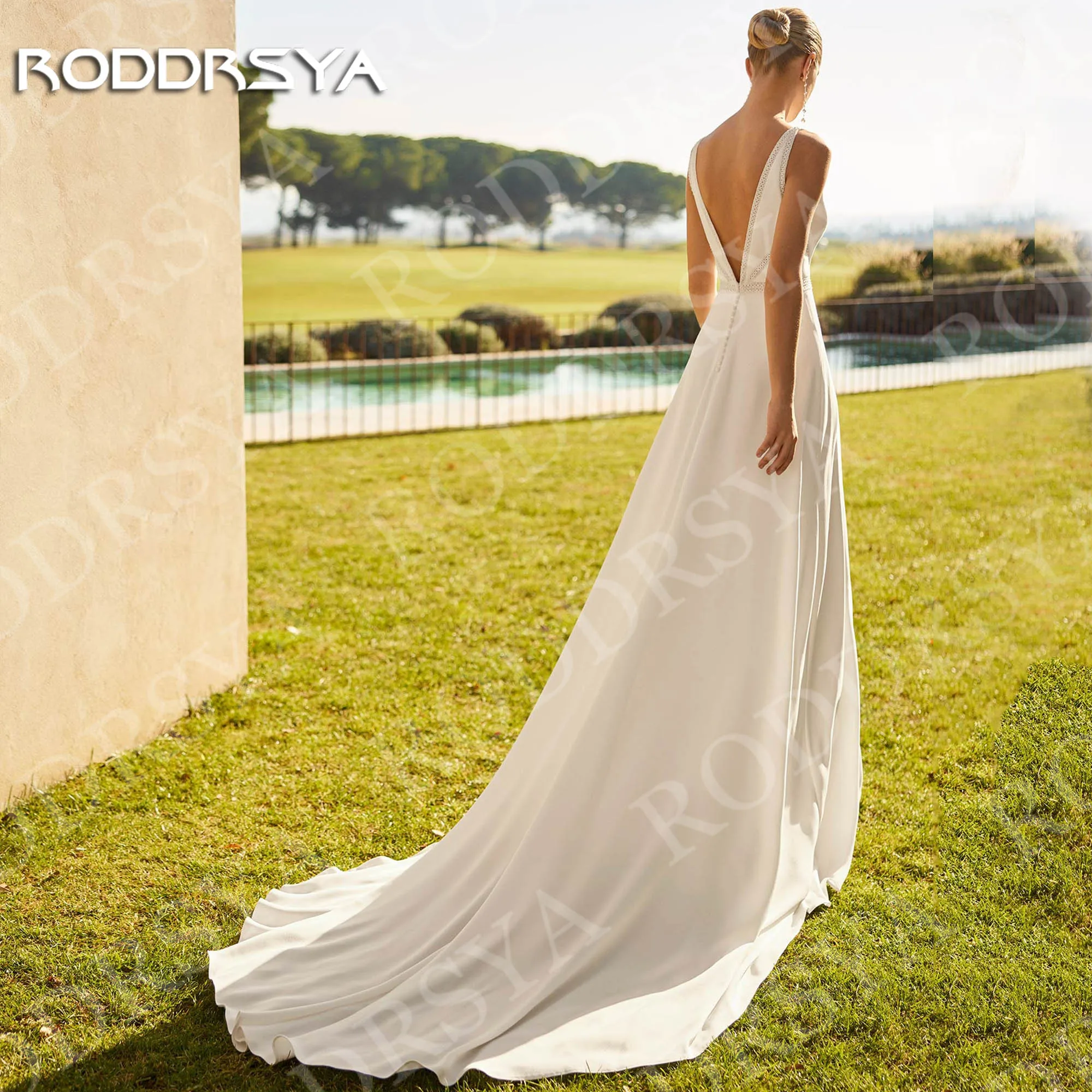 RODDRSYA Sleeveless Wedding Dress Modern Open Back A Line High Slit Bridal Dresses with Detachable Cape Customized robe mariée