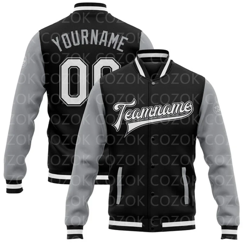 Custom Black 3D Printed Baseball Button Jacket Bomber Full-Snap Varsity Letterman Jacket