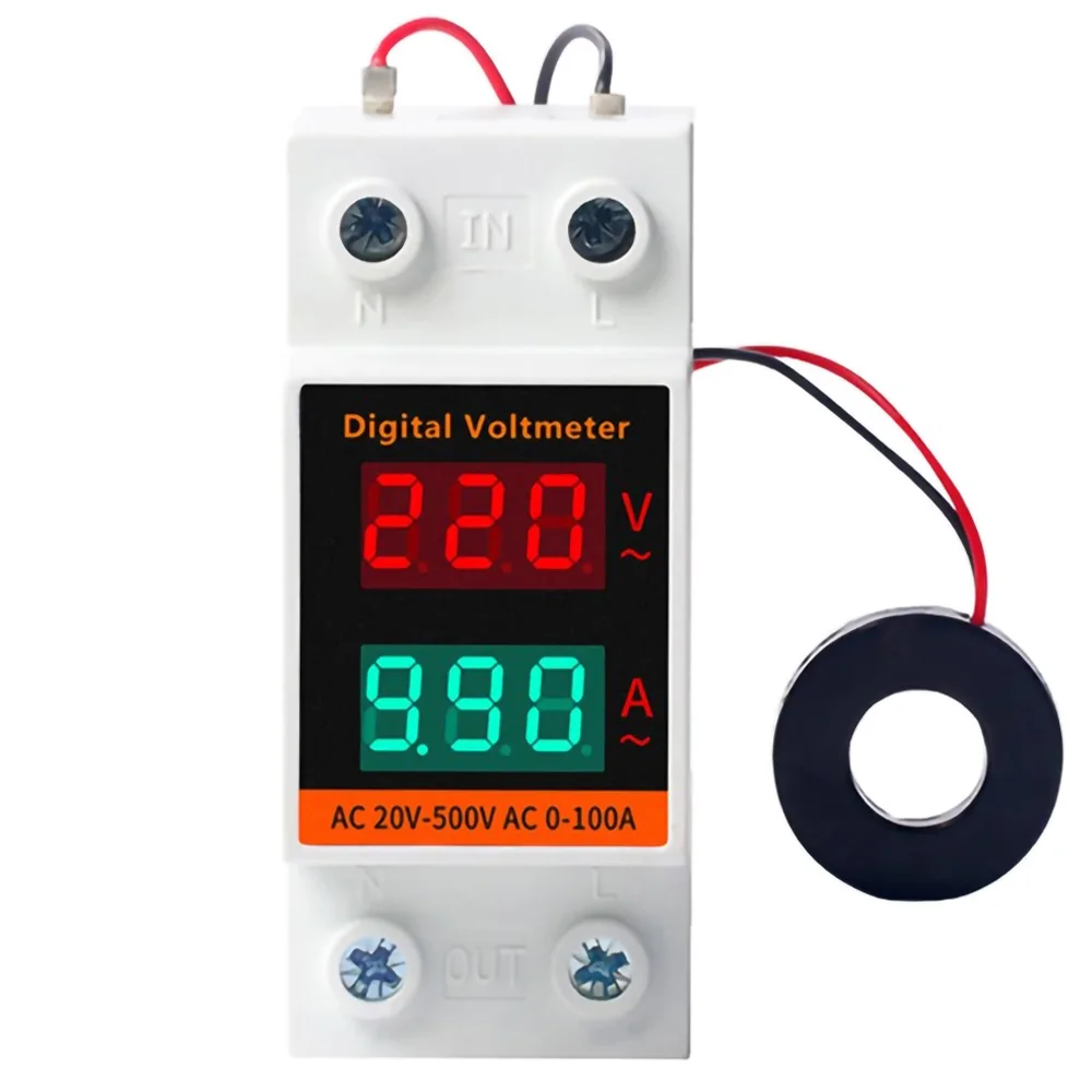 Multi-function Digital Voltmeter Ammeter AC60-500V 0.00-99.9A Guide Rail Type AC Voltage Current Meter