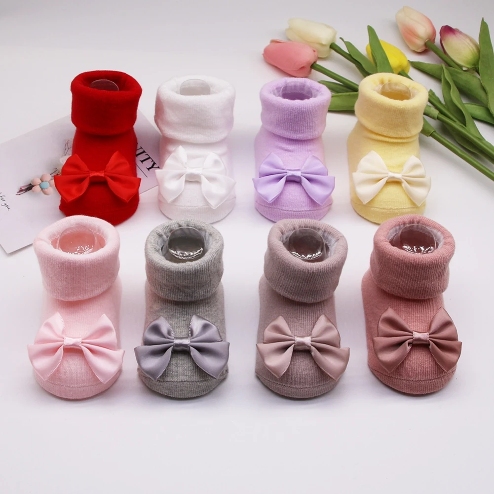 0-12M Baby Socks & Bow Headband Elastic Hair Bow Headwear Anti-Slip Kids Socks Skin-Friendly Socks Newborn Shower Gift Indoors