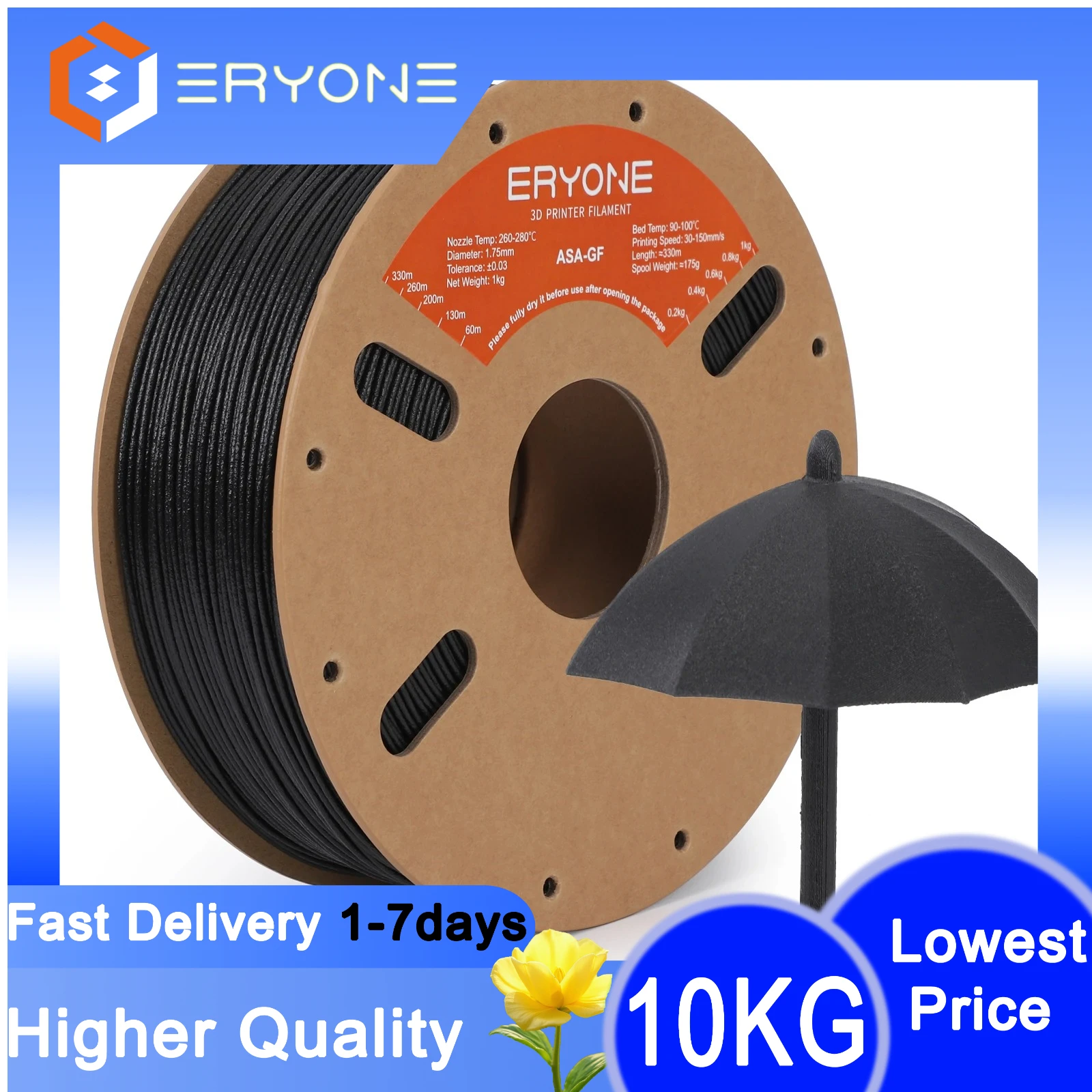 ERYONE 3/10KG ASA-GF-filament, 3D-printen ASA glasvezelfilament, 1,75 mm +/- 0,03 mm, 1 kg (2,2 lbs)/spoel