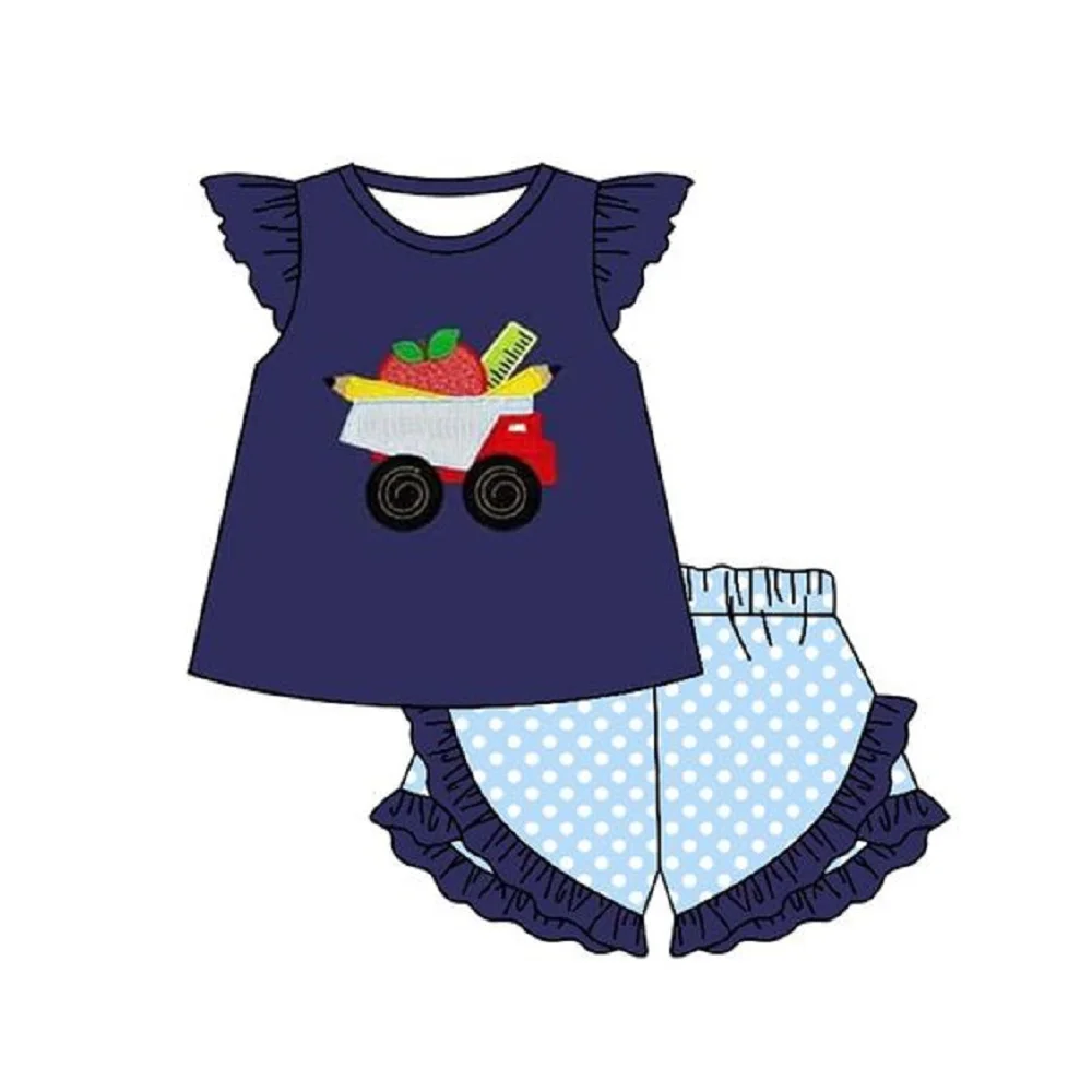 

Back to School Print Boys Summer Cute Cartoon Print Dark Blue Flutter Top Blue Shorts Boutique Set