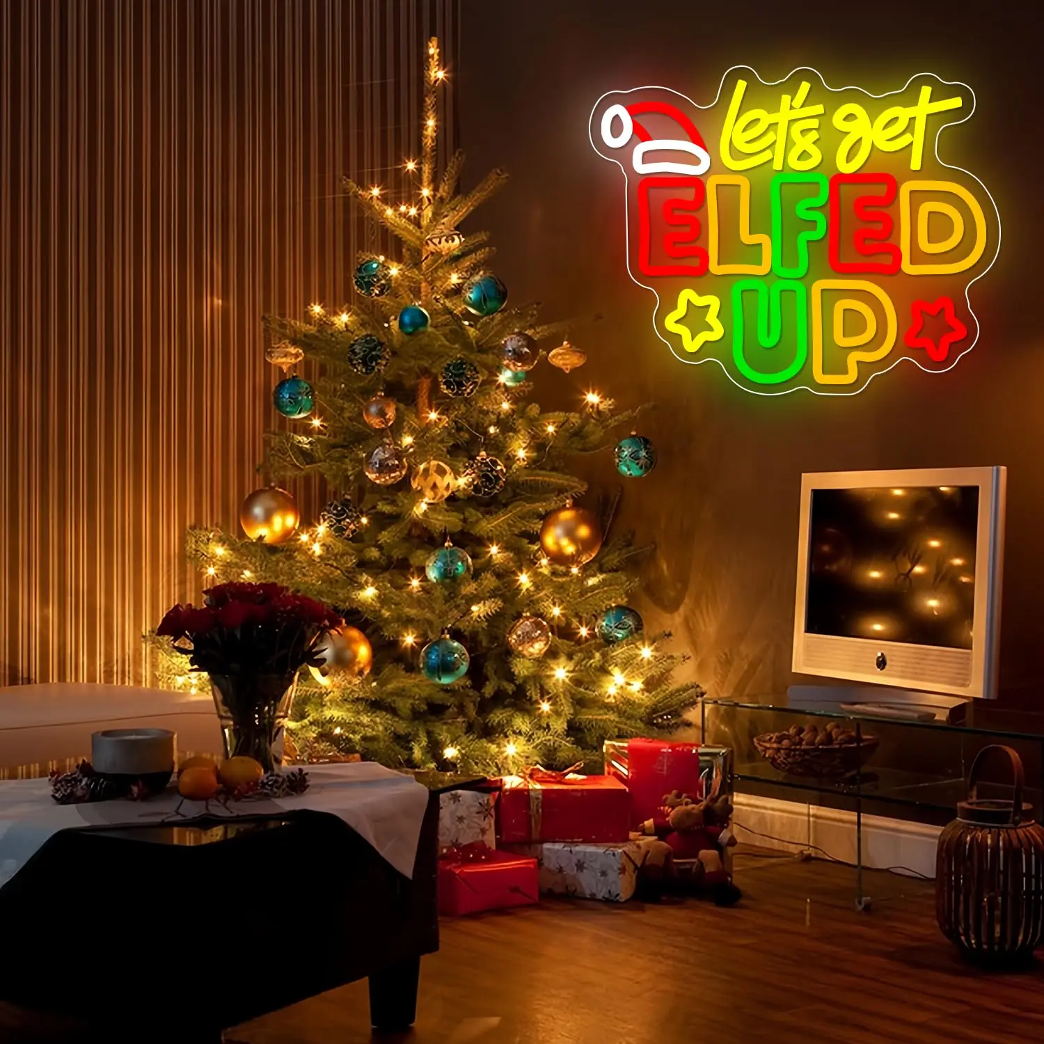 Неоновая вывеска Let's Get Elf UP, красочная вывеска с регулируемой яркостью, светящаяся вывеска, настенный декор для рождественской вечеринки, окна, детский подарок