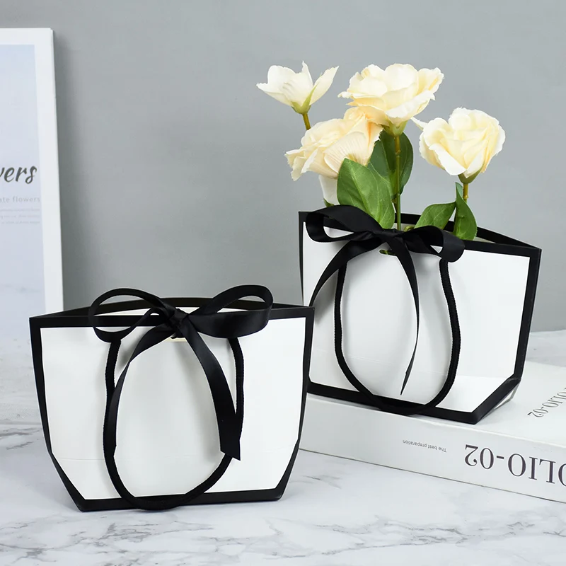 1/3pcs White Paper Box With Black Border Shopping Bags Portable Tote Bags Bow Ribbon Gifts Packaging Bag Clothes Jewelry Packing