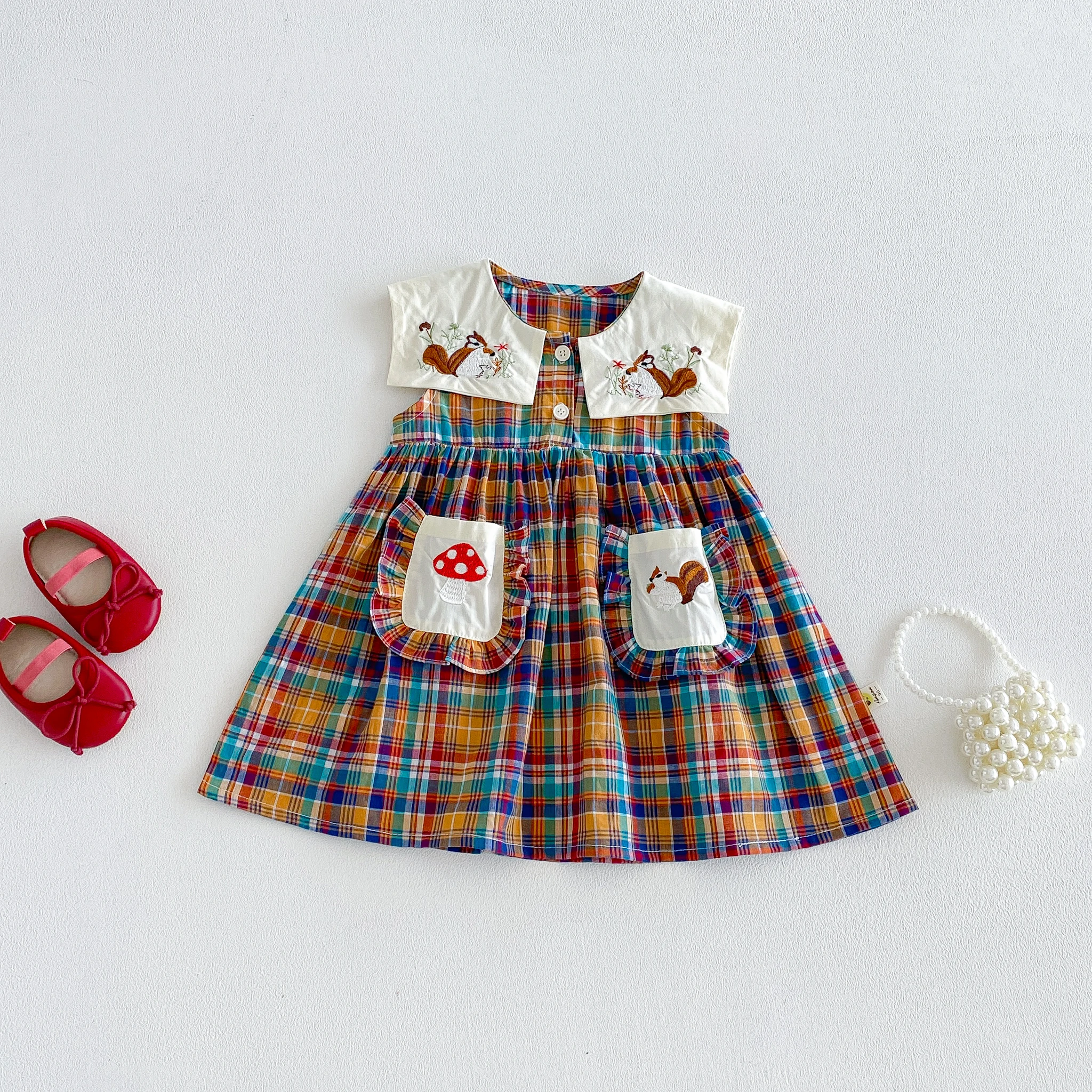 Girls' Summer Multi-Color Checkered Cartoon Print Dress for Children, 2026 Retro Children's Summer Wear