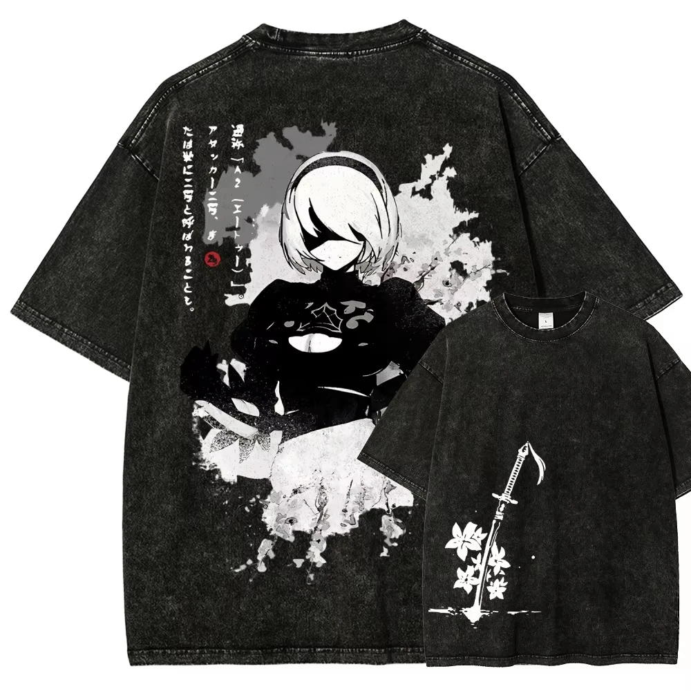 Nier Automata Washed Graphic T-Shirt 2026 Neues Modell Unisex Persönlichkeit Ganzjährig Streetwear Baumwoll-Oberteil – Detail 5