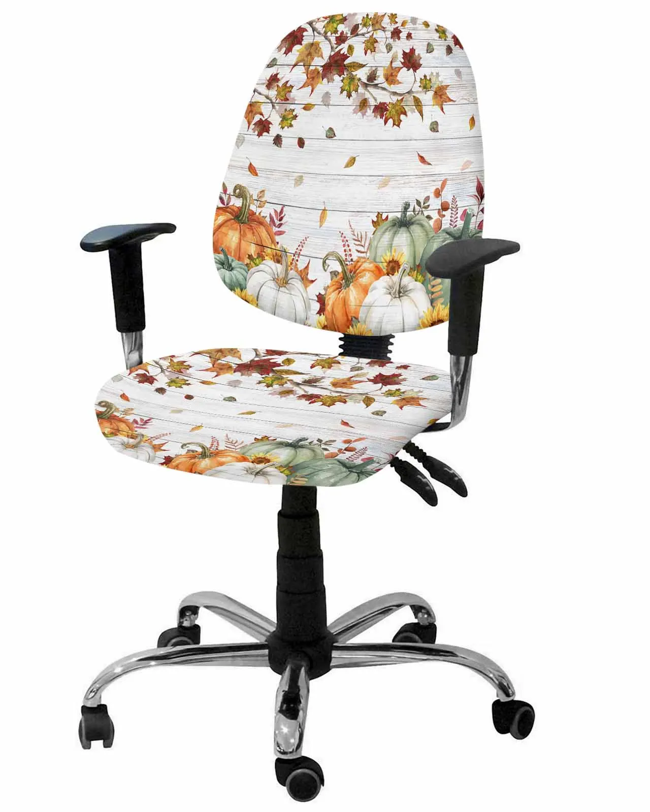 Leaves Pumpkin Wood Grain Elastic Armchair Computer Chair Cover Stretch Removable Office Chair Slipcover Split Seat Covers