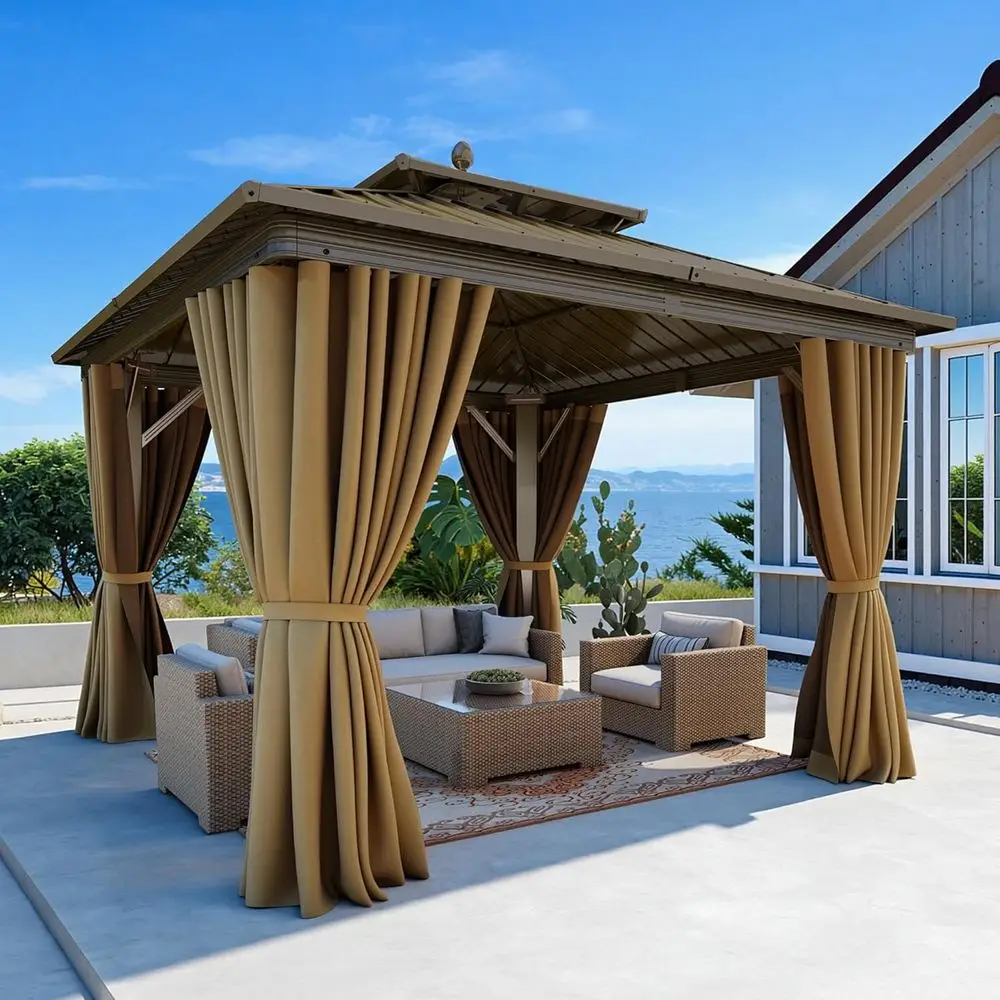 Gazebo de 10x10 pies con Techo Rígido Doble, Gazebo para Exteriores con Techo Galvanizado, con Mosquitera y Cortinas, Carpa para Jardín o Patio, Terraza y Deck