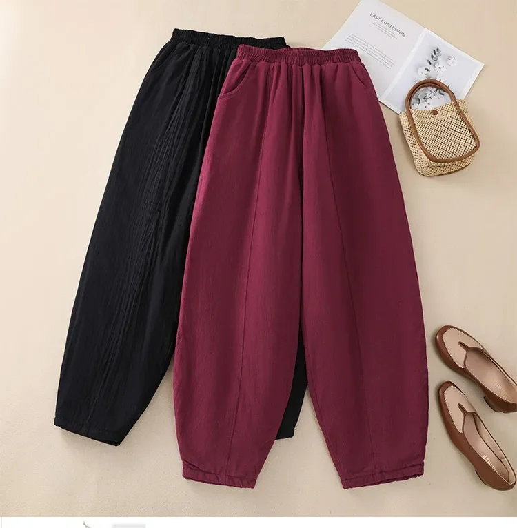 

2024 Women Autumn Winter New Solid Color Cotton Padded Trousers Female High Waist Casual Pants Ladies Loose Warm Pant L325