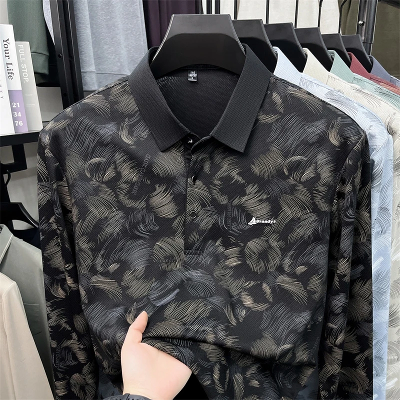 Herren-Polohemd mit abstraktem Blattmuster, langen Ärmeln, umgeschlagenem Kragen, atmungsaktivem, glattem Stoff, für den täglichen, lässigen Gebrauch. – Detail 14
