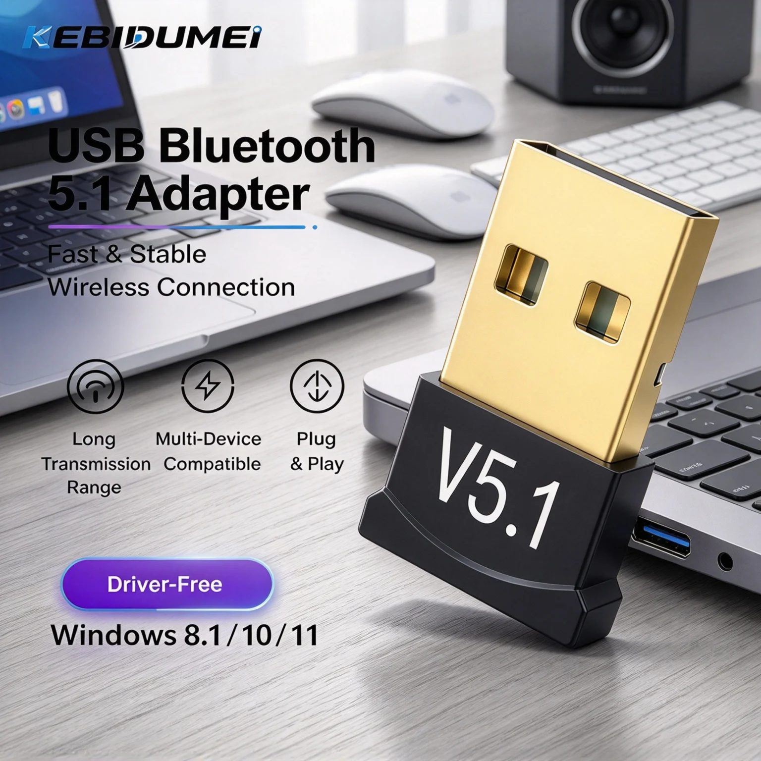 KEBIDUMEI USB Bluetooth 5.1 Dongle Adapter Wireless Transmit Receiver for PC Laptop Mouse Keyboard Tablet Printer Game Speaker
